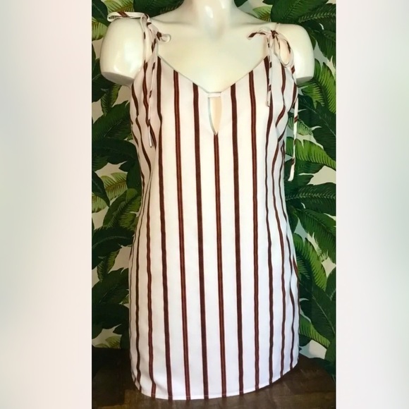 SUPERDOWN Tie Strap Mini Dress White Brown Stripes New NWT Revolve Size Medium - Picture 1 of 16
